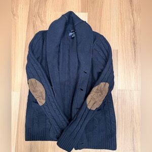 Gant Men's Navy Cable Knit Shawl Cardigan with Brown Elbow Patches
